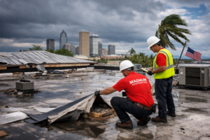 Hurricane damage on a Tampa commercial roof inspected by Magnum Restoration