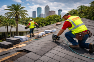 residential home in Tampa showing roofing contractors installing new shingles due to weather damage
