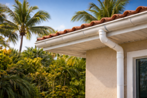 rain gutter system installed on a Florida home roof to manage heavy rainfall